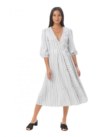 Alivia Dress in Linen Lines White/Black