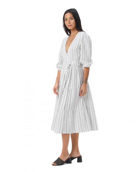 Alivia Dress in Linen Lines White/Black