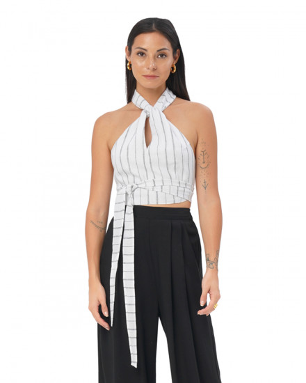 Shay Top in Linen Lines White/Black