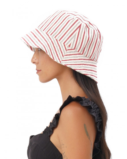 Zoya Bucket Hat in Linen Stripes Red/Black